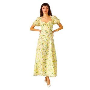 NWT ASTR THE LABEL YELLOW‎ FLORAL COTTAGE CORE PUFF SLEEVE MIDI DRESS WOMENS M